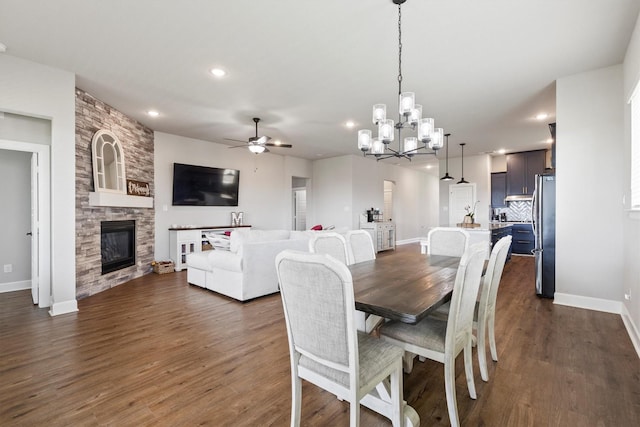 3817 Stonewood Dr, Little Elm, TX 75068 - dining room featuring ceiling fan, recessed lighting, dark wood-type flooring, and baseboards