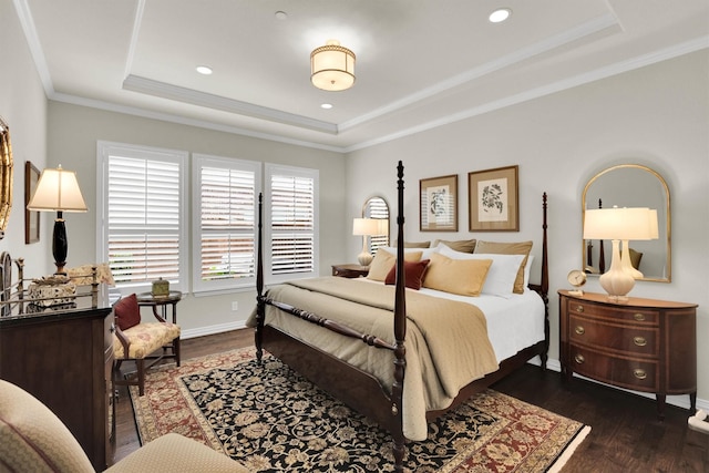 4721 Bayview Dr, Plano, TX 75093 - bedroom with a raised ceiling, wood finished floors, crown molding, baseboards, and recessed lighting