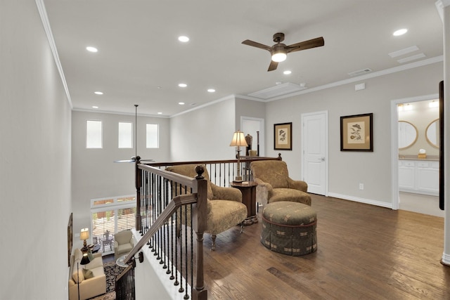 4721 Bayview Dr, Plano, TX 75093 - sitting room with a ceiling fan, crown molding, wood finished floors, recessed lighting, and baseboards