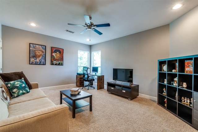 5913 Lewis St, Dallas, TX 75206 - living area featuring ceiling fan, carpet, a desk, baseboards, and recessed lighting