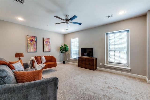 5913 Lewis St, Dallas, TX 75206 - living room featuring baseboards, plenty of natural light, light colored carpet, ceiling fan, and recessed lighting