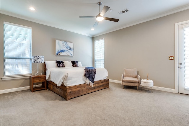 5913 Lewis St, Dallas, TX 75206 - bedroom featuring crown molding, baseboards, light colored carpet, a ceiling fan, and recessed lighting