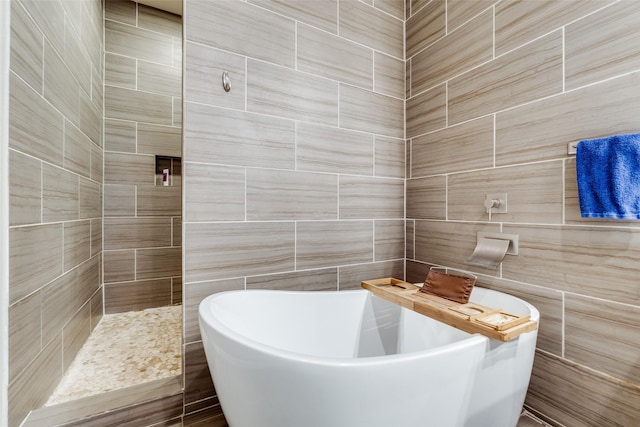 5913 Lewis St, Dallas, TX 75206 - full bathroom with a freestanding tub, tile walls, and a tile shower