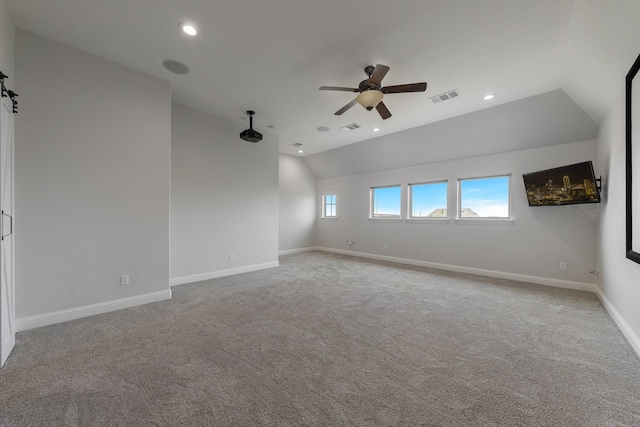 7340 San Felipe Dr, Irving, TX 75039 - carpeted empty room with vaulted ceiling, ceiling fan, baseboards, and recessed lighting