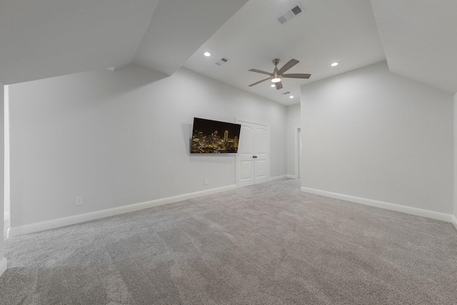 7340 San Felipe Dr, Irving, TX 75039 - unfurnished living room featuring lofted ceiling, ceiling fan, carpet, baseboards, and recessed lighting