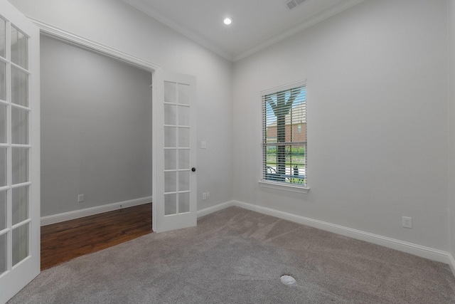 7340 San Felipe Dr, Irving, TX 75039 - carpeted empty room with french doors, ornamental molding, baseboards, and recessed lighting