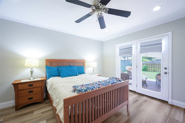 909 Redwood Dr, Richardson, TX 75080 - bedroom with ornamental molding, access to exterior, wood finished floors, baseboards, and recessed lighting