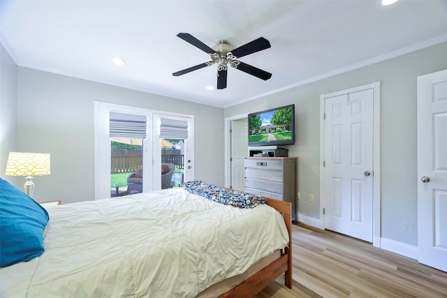 909 Redwood Dr, Richardson, TX 75080 - bedroom with wood finished floors, crown molding, recessed lighting, access to exterior, and baseboards