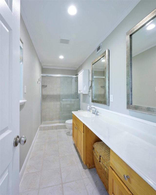 909 Redwood Dr, Richardson, TX 75080 - full bathroom with toilet, ornamental molding, a stall shower, vanity, and recessed lighting
