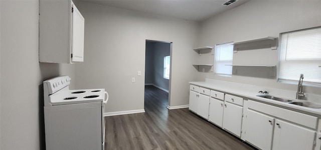 1806 Maryland Ave, Dallas, TX 75216 - kitchen with white electric range, open shelves, a sink, and white cabinetry