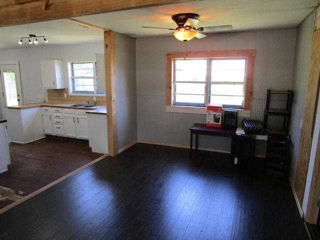 841 S 5th Ave, Munday, TX 76371 - kitchen featuring a sink, dark wood finished floors, a ceiling fan, and white cabinets