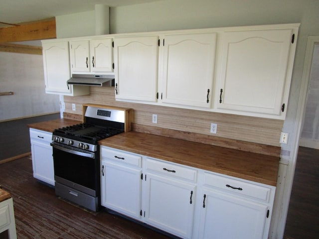 841 S 5th Ave, Munday, TX 76371 - kitchen featuring stainless steel range with gas stovetop, under cabinet range hood, wooden counters, and white cabinets