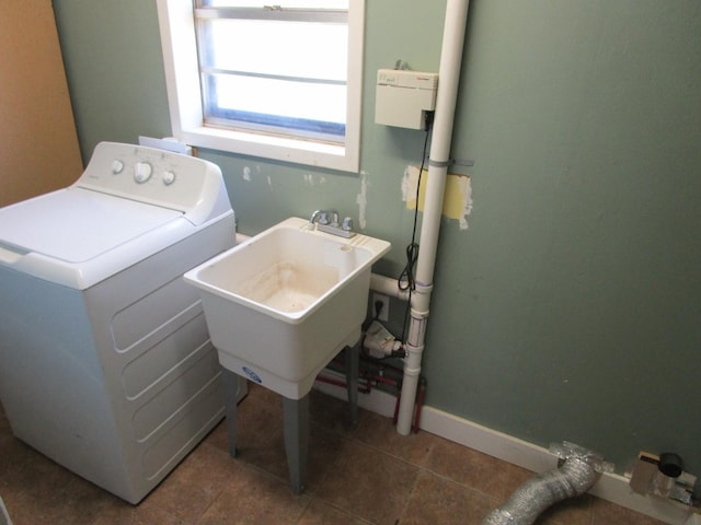 841 S 5th Ave, Munday, TX 76371 - laundry room with washer / dryer, tile patterned floors, and baseboards