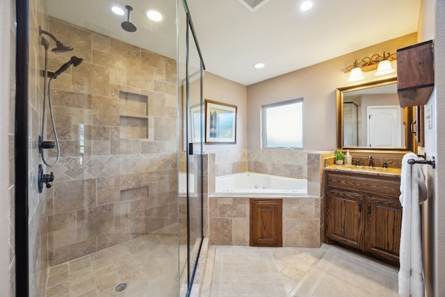 222 Bayne Rd, Haslet, TX 76052 - bathroom featuring a garden tub, a stall shower, vanity, tile patterned flooring, and recessed lighting