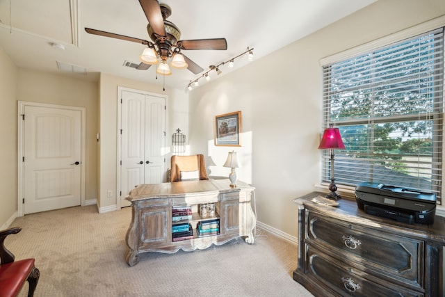 222 Bayne Rd, Haslet, TX 76052 - office space featuring ceiling fan, attic access, baseboards, and light colored carpet