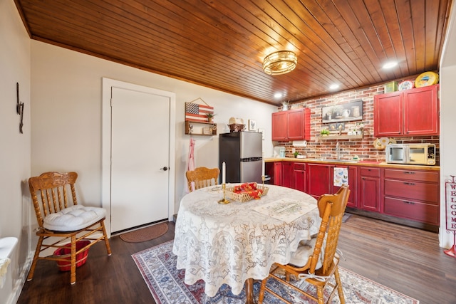 222 Bayne Rd, Haslet, TX 76052 - dining area with wood ceiling, dark wood-type flooring, and recessed lighting
