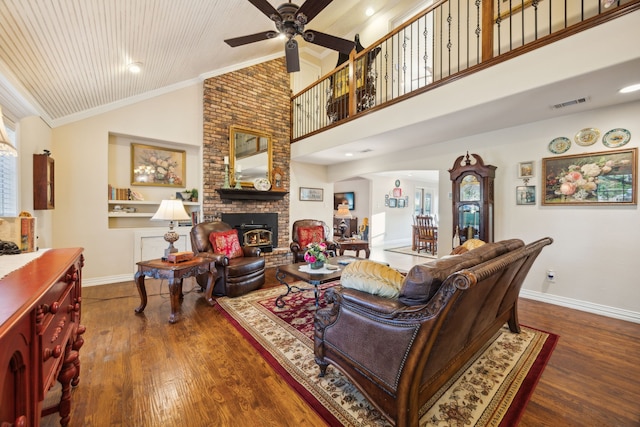 222 Bayne Rd, Haslet, TX 76052 - living area featuring ceiling fan, wood finished floors, baseboards, high vaulted ceiling, and a fireplace