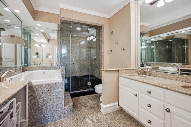 5200 Keller Springs Rd Unit 330, Dallas, TX 75248 - full bathroom with double vanity, a bath, a stall shower, toilet, and ornamental molding