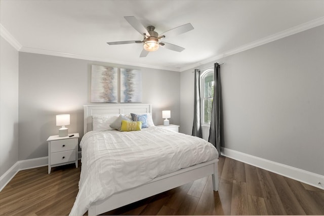 125 Oak Creek Dr, Tool, TX 75143 - bedroom with crown molding, baseboards, dark wood-type flooring, and a ceiling fan