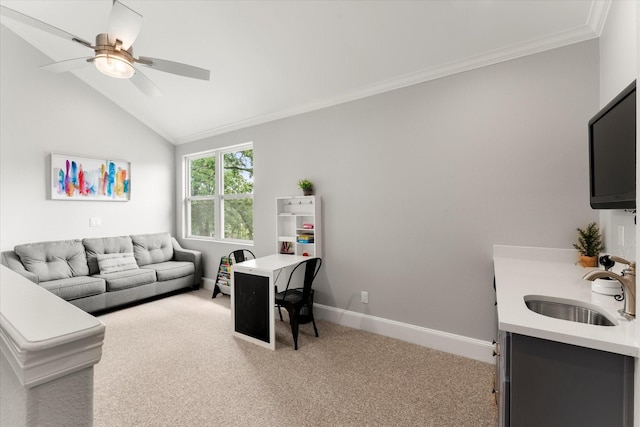 125 Oak Creek Dr, Tool, TX 75143 - living room featuring light colored carpet, ornamental molding, a ceiling fan, lofted ceiling, and baseboards