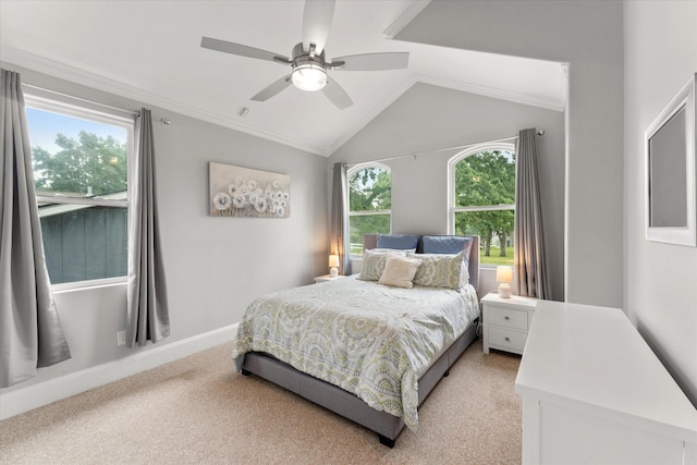 125 Oak Creek Dr, Tool, TX 75143 - bedroom featuring light carpet, vaulted ceiling, ceiling fan, baseboards, and ornamental molding