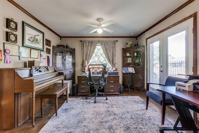 5301 Calumet Dr, Plano, TX 75023 - home office featuring wood finished floors, a ceiling fan, and ornamental molding