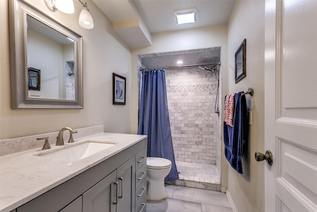 5301 Calumet Dr, Plano, TX 75023 - bathroom featuring vanity, toilet, tiled shower, and tile patterned floors