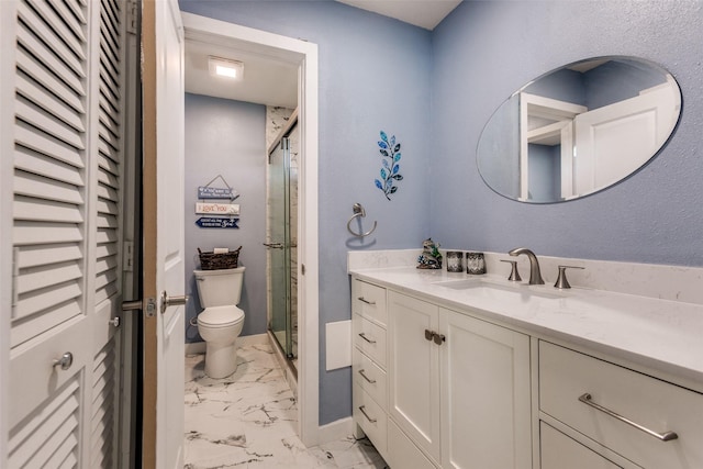 5301 Calumet Dr, Plano, TX 75023 - full bathroom with toilet, vanity, a shower stall, marble finish floors, and baseboards