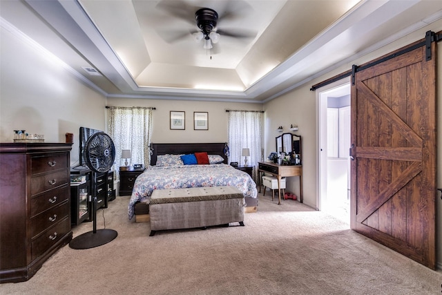 5301 Calumet Dr, Plano, TX 75023 - bedroom featuring a barn door, carpet floors, a raised ceiling, multiple windows, and ornamental molding