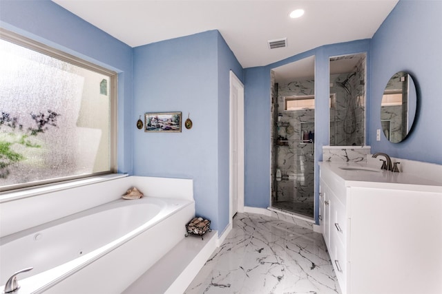 5301 Calumet Dr, Plano, TX 75023 - full bath with a marble finish shower, vanity, marble finish floors, a garden tub, and recessed lighting