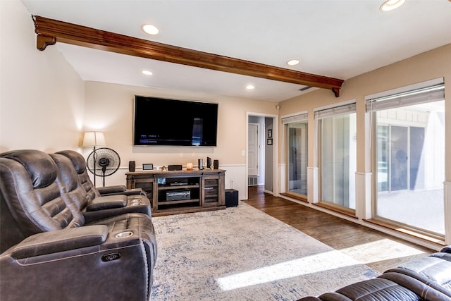 5301 Calumet Dr, Plano, TX 75023 - living room featuring wood finished floors, beamed ceiling, and recessed lighting