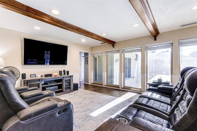 5301 Calumet Dr, Plano, TX 75023 - living area with beam ceiling, wood finished floors, and recessed lighting