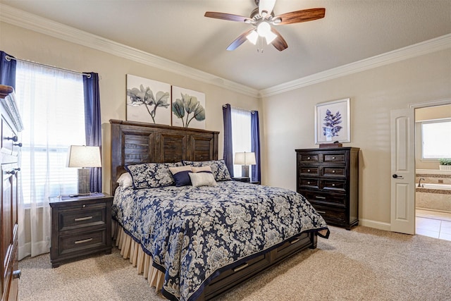 7205 E Nirvana Cir, North Richland Hills, TX 76182 - bedroom featuring light carpet, crown molding, baseboards, ensuite bathroom, and ceiling fan