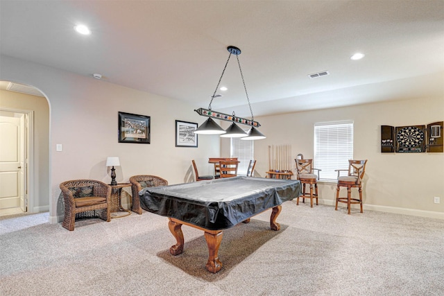 7205 E Nirvana Cir, North Richland Hills, TX 76182 - game room with carpet, arched walkways, billiards table, baseboards, and recessed lighting
