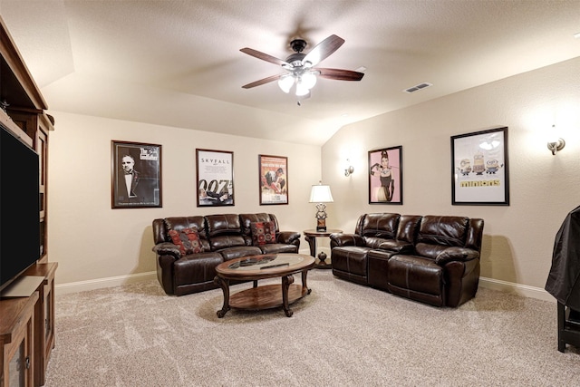 7205 E Nirvana Cir, North Richland Hills, TX 76182 - living area with carpet, a ceiling fan, lofted ceiling, and baseboards