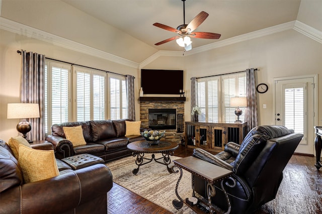 7205 E Nirvana Cir, North Richland Hills, TX 76182 - living area featuring lofted ceiling, healthy amount of natural light, ceiling fan, wood finished floors, and a fireplace