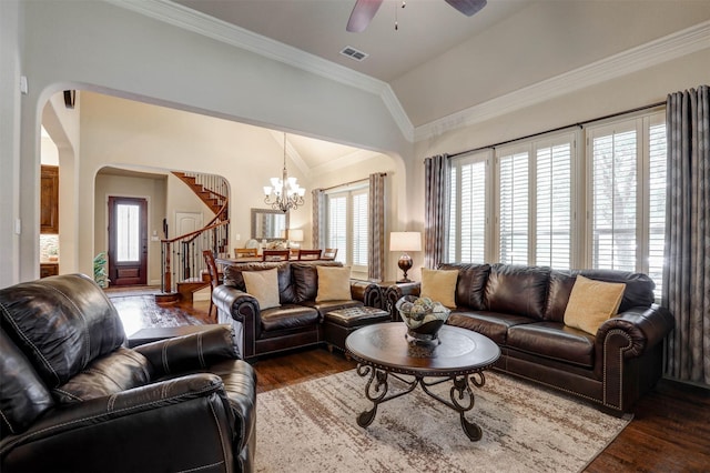 7205 E Nirvana Cir, North Richland Hills, TX 76182 - living area with arched walkways, stairway, lofted ceiling, dark wood-type flooring, and a ceiling fan