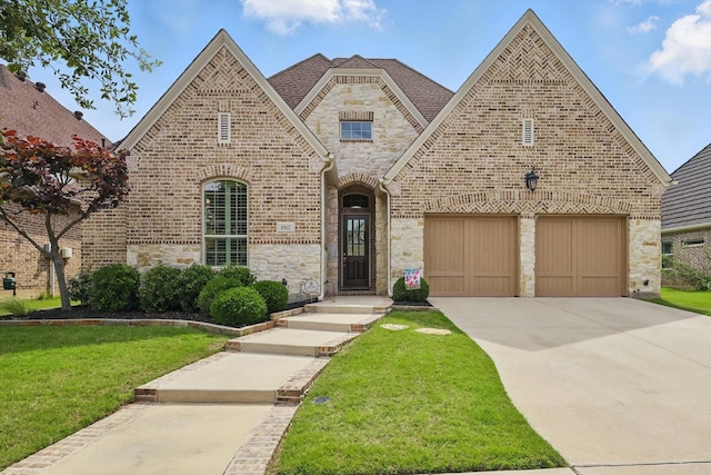 8913 Honeysuckle Dr, Lantana, TX 76226 - view of front of house featuring stone siding, a front yard, concrete driveway, and brick siding