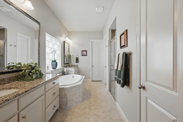 8913 Honeysuckle Dr, Lantana, TX 76226 - full bath with vanity, a stall shower, a bath, and tile patterned floors