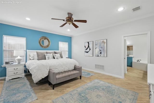 3241 Caleb Ct E, Midlothian, TX 76065 - bedroom featuring ornamental molding, recessed lighting, light wood-style flooring, and ceiling fan