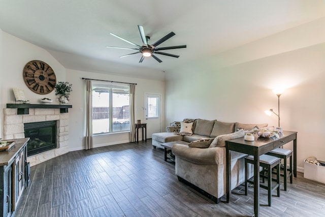 320 Lake Trail Ln, Prosper, TX 75078 - living room featuring a ceiling fan, dark wood-type flooring, a fireplace, and baseboards
