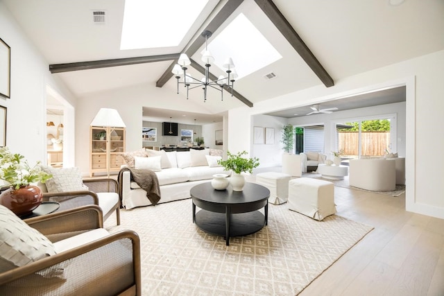 7117 La Sobrina Dr, Dallas, TX 75248 - living area featuring a skylight, a chandelier, and wood finished floors