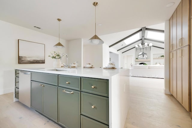 7117 La Sobrina Dr, Dallas, TX 75248 - kitchen featuring green cabinetry, stainless steel dishwasher, a chandelier, light countertops, and open floor plan