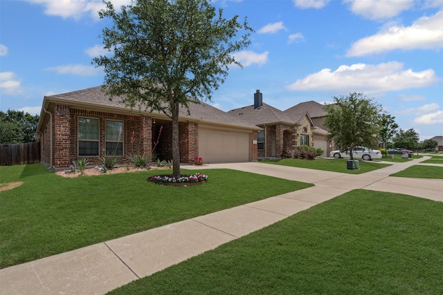 205 Mount Olive Ave, Mckinney, TX 75072 - view of front facade with an attached garage, concrete driveway, brick siding, a chimney, and a shingled roof