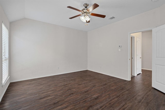 205 Mount Olive Ave, Mckinney, TX 75072 - unfurnished room with dark wood-style flooring, ceiling fan, baseboards, and vaulted ceiling