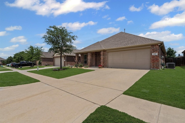 205 Mount Olive Ave, Mckinney, TX 75072 - ranch-style house with a garage, brick siding, concrete driveway, cooling unit, and roof with shingles