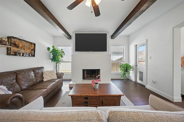 5224 Sonata Trl, Fort Worth, TX 76126 - living area featuring ceiling fan, wood finished floors, beam ceiling, a brick fireplace, and baseboards