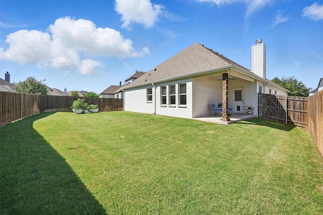 5224 Sonata Trl, Fort Worth, TX 76126 - rear view of house with a chimney, a patio, brick siding, roof with shingles, and ceiling fan