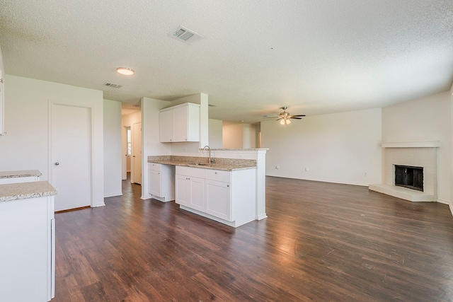 1423 Queen Annes Dr, Burleson, TX 76028 - kitchen with dark wood finished floors, a ceiling fan, white cabinetry, open floor plan, and a textured ceiling