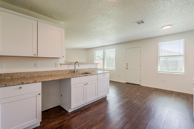 1423 Queen Annes Dr, Burleson, TX 76028 - kitchen with a sink, dark wood-style flooring, a peninsula, white cabinetry, and a textured ceiling